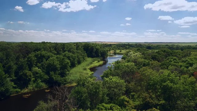 Beautiful aerial view: flying over the river and the forest, shooting from drone