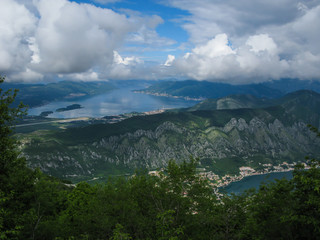 panoramic view of Kotor Bay and Kotor city, Montenegro, Mediterranean Sea from mountain top