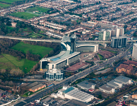Aerial view of corporate buildings in West London, UK