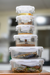 Many foods are put in the food box and stacked together