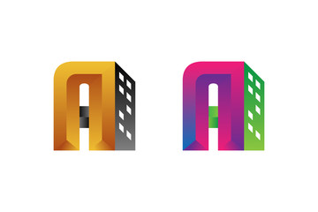 letter a combined building logo design template. gradient green, pink, gold and black colors. Initial letter minimalist art. the symbol use 3d style concept.