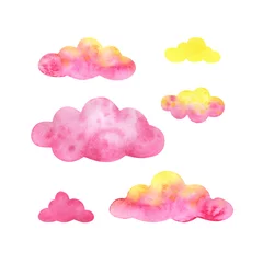 Stof per meter Wolken Een set van veelkleurige wolken. Roze, geel. Een fantastische hemel. Aquarel illustraties geïsoleerd op een witte achtergrond.