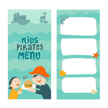 Printable kids pirated menu for restaurants and cafes. Template for children pirated menu.