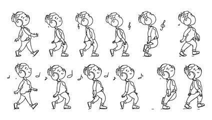 Collection of listening to music teenager icons. Animation sprite set frame loop. Dance. Music. Flat cartoon style. Side view. Simple design. Vector