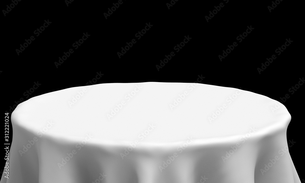 Poster 3d rendering. front view of empty white table cloth use in wedding party with clipping path isolated