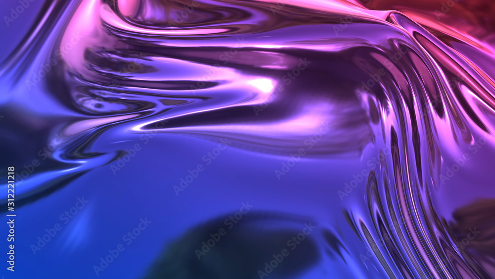 Poster 3D render beautiful folds of foil with gradient iridescent blue red color in full screen, as clean fabric abstract background. Simple soft material with crease like waves on liquid surface. 97