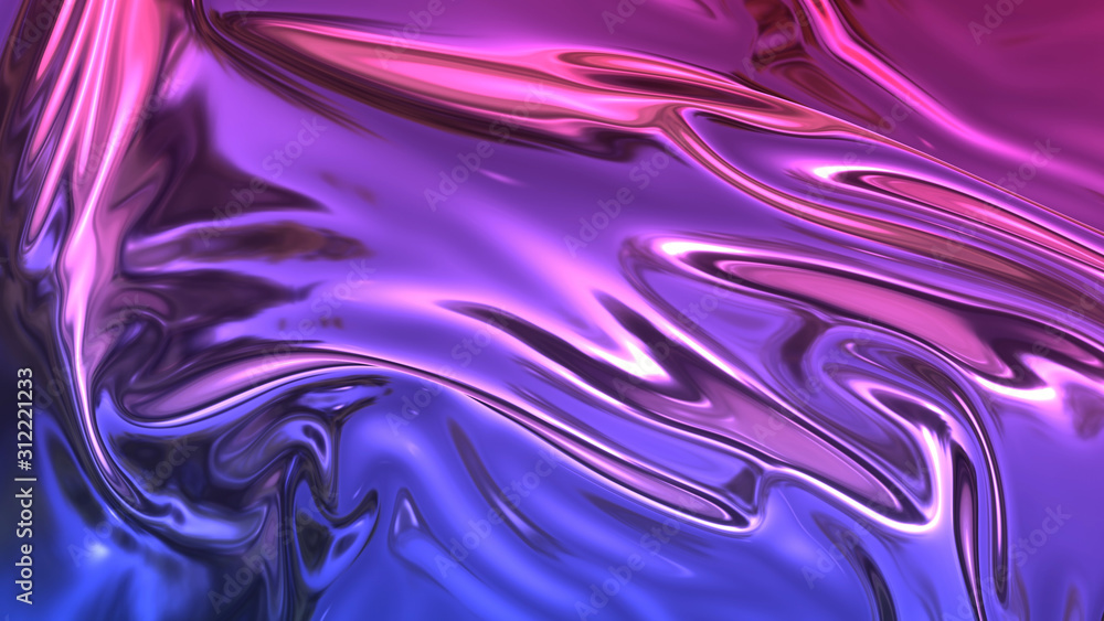 Poster 3d render beautiful folds of foil with gradient iridescent blue red color in full screen, as clean f