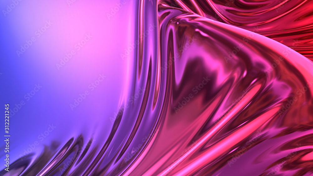 Poster 3D render beautiful folds of foil with gradient iridescent blue red color in full screen, as clean fabric abstract background. Simple soft material with crease like waves on liquid surface. 110