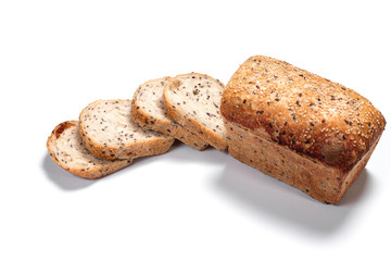 cuted bread on white background, view from above