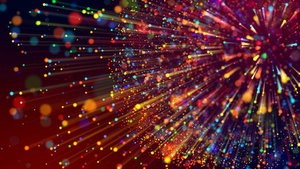 3d abstract beautiful background with light rays colorful glowing particles, depth of field, bokeh. Abstract explosion of multicolored shiny particles or light rays like laser show.