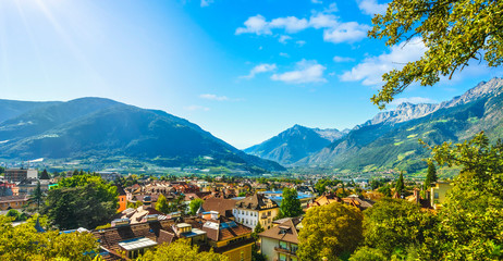 Merano or Meran view from Tappeiner promenade. Trentino Alto Adige Sud Tyrol, Italy.