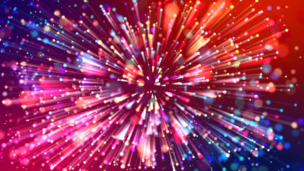 Abstract explosion of multicolored shiny particles like sparkles with light rays like laser show....