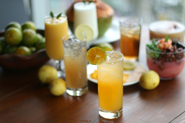 Fresh and delicous orange juice in a glass. Top view