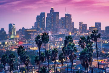 Abwaschbare Fototapete Candy Pink Erstaunlicher Blick auf den Sonnenuntergang mit Palmen und der Innenstadt von Los Angeles. Kalifornien, USA