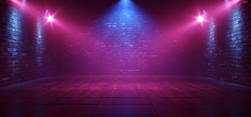 Neon Retro Brick Walls Club Mist Dark Foggy Empty Hallway Corridor Room Garage Studio Dance Glowing Blue Purple Spot Lights Concrete Floor 3D Rendering