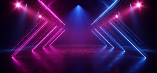 Fototapeta na wymiar Stage Neon Lasers Glowing Sci Fi Retro Blue Purple Construction Dance Floor Club Dark Night Empty Hallway Tunnel Garage Underground Cyber 3D Rendering