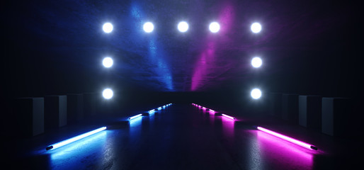 Sci Fi Neon Hallway Fluorescent Studio Led Lights Dark Garage Grunge Concrete Reflective Circle Dot Lamps Glowing Cinematic Blue Purple Glare Background 3D Rendering