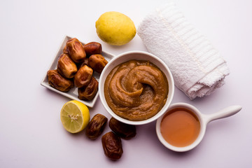 Dates Face mask for supple, smooth and clear skin with ingradients like fresh raw khajoor, lemon and honey. selective focus
