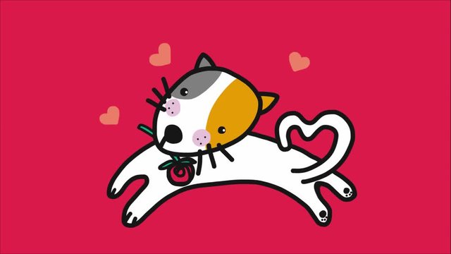 Cute cat with rose in mouth cartoon