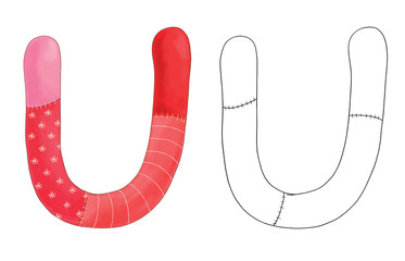 English alphabet. ABC. Capital letter U.  Illustration for children. Coloring book. Coloring page. Cute and funny cartoon characters