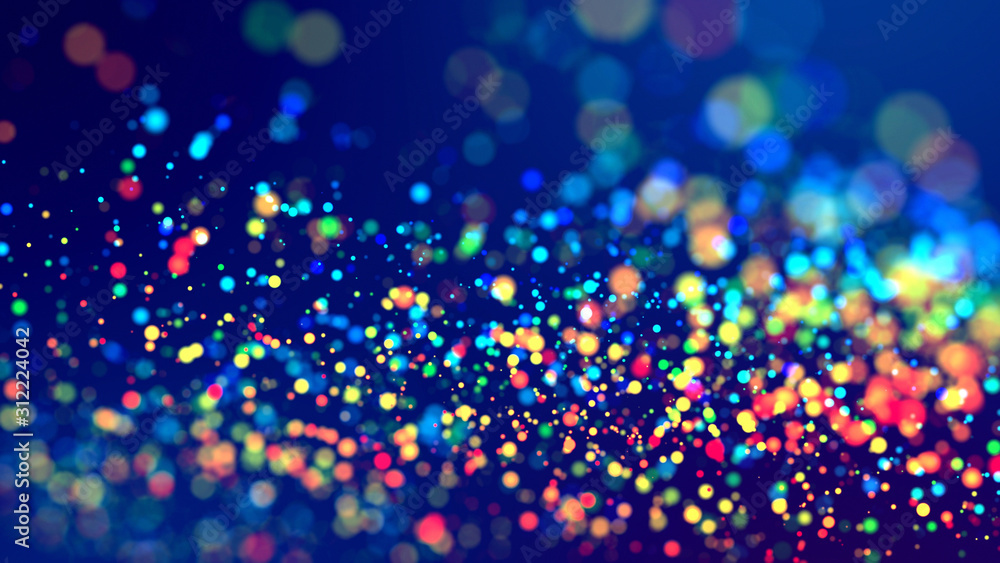 Poster cloud of multicolored particles fly in air slowly or float in liquid like sparkles on dark blue back