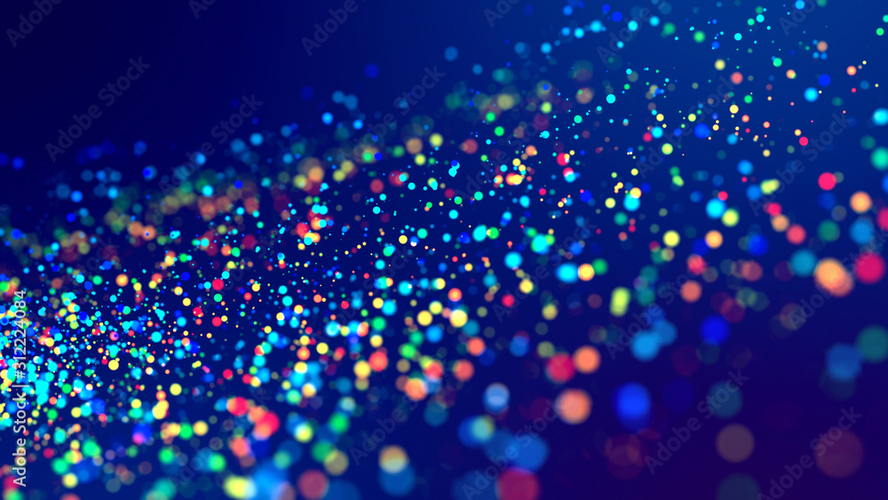 Poster cloud of multicolored particles fly in air slowly or float in liquid like sparkles on dark blue back