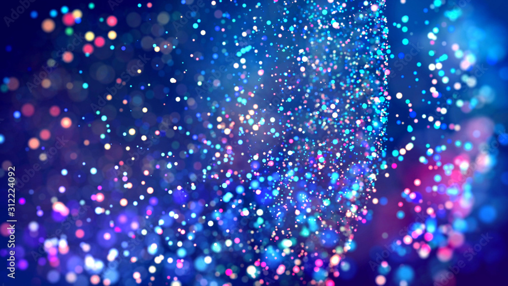 Poster cloud of multicolored particles fly in air slowly or float in liquid like sparkles on dark blue back