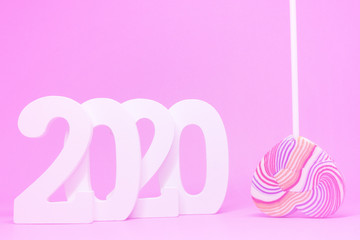 Heart candy on pink background - Sweet valentine day - pink Love concept - with copy space                                              