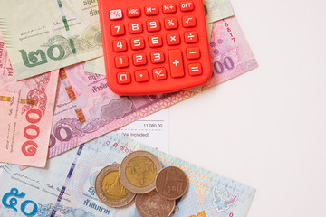 Thailand Baht, Chinese Yuan, US Dollar banknotes and Thailand Baht coin. calculation amount of money.