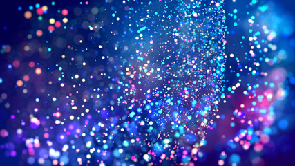 cloud of multicolored particles fly in air slowly or float in liquid like sparkles on dark blue background. Beautiful bokeh light effects with glowing particles. 9 - obrazy, fototapety, plakaty