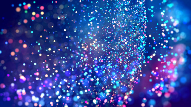 cloud of multicolored particles fly in air slowly or float in liquid like sparkles on dark blue background. Beautiful bokeh light effects with glowing particles. 9