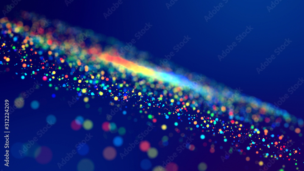 Aufkleber cloud of multicolored particles fly in air slowly or float in liquid like sparkles on dark blue back