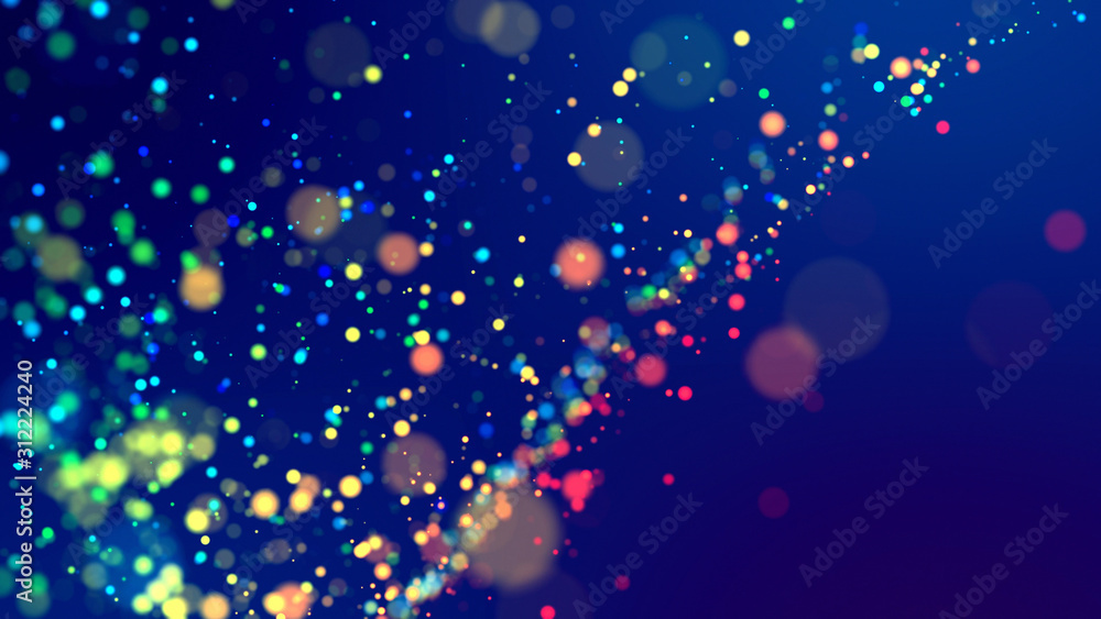 Aufkleber cloud of multicolored particles fly in air slowly or float in liquid like sparkles on dark blue back