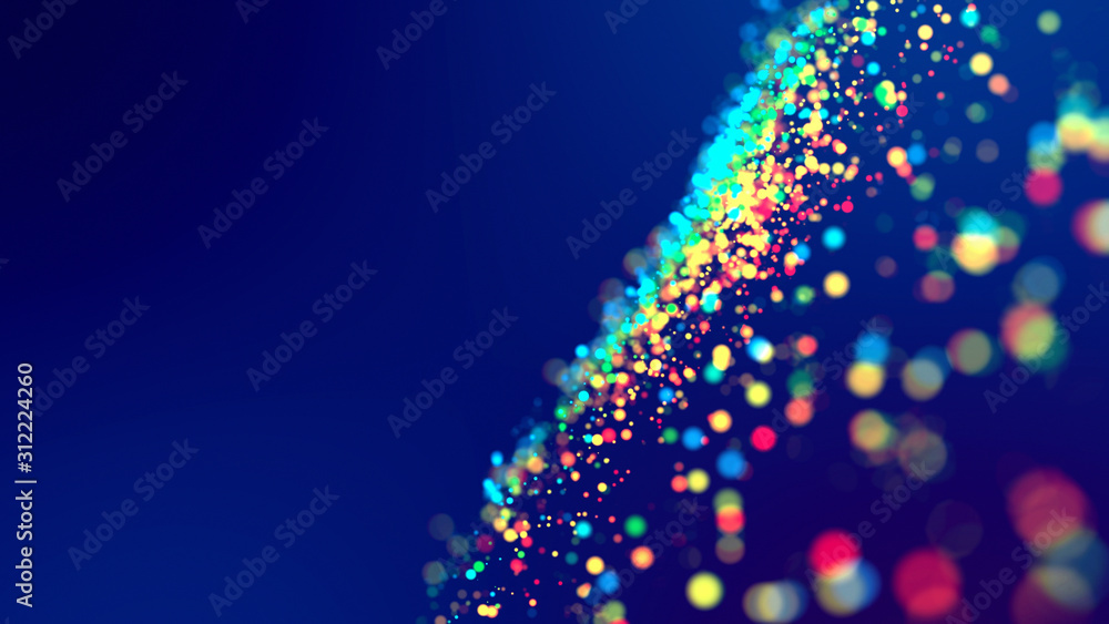 Aufkleber cloud of multicolored particles fly in air slowly or float in liquid like sparkles on dark blue back