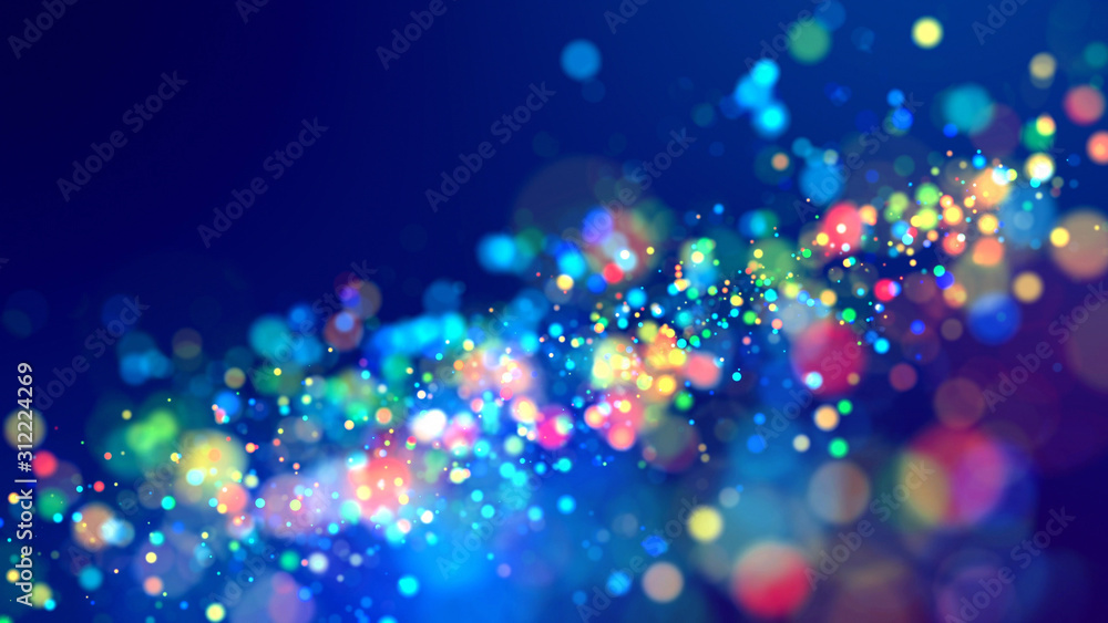 Poster cloud of multicolored particles fly in air slowly or float in liquid like sparkles on dark blue back
