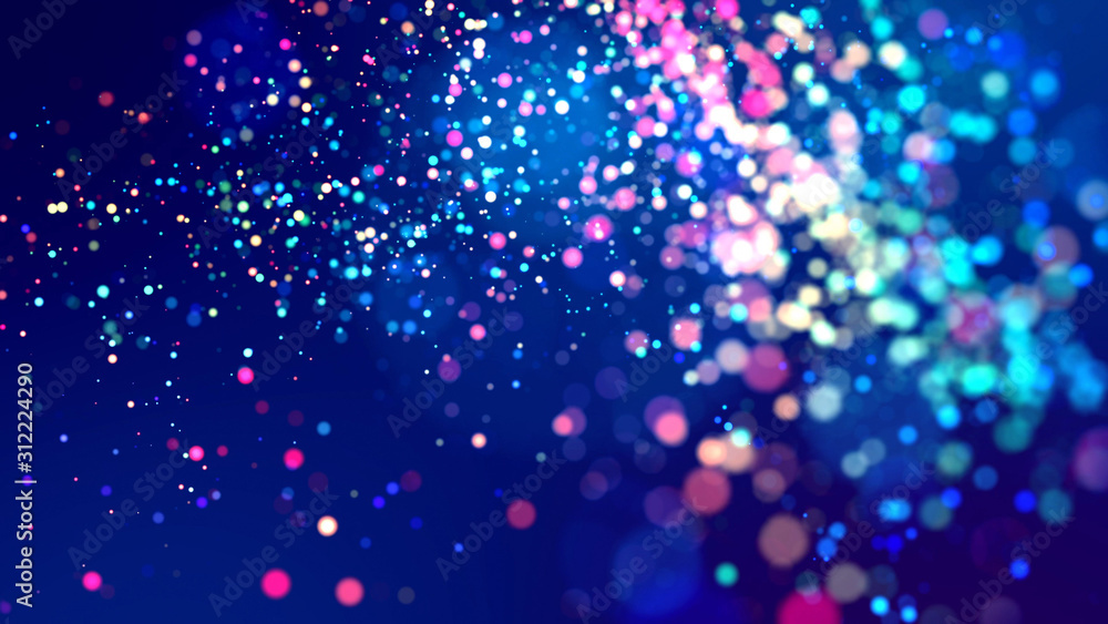 Poster cloud of multicolored particles fly in air slowly or float in liquid like sparkles on dark blue back