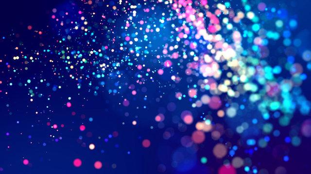 cloud of multicolored particles fly in air slowly or float in liquid like sparkles on dark blue background. Beautiful bokeh light effects with glowing particles. 26