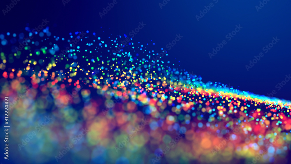 Aufkleber cloud of multicolored particles fly in air slowly or float in liquid like sparkles on dark blue back