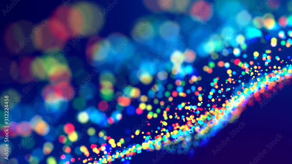 Aufkleber cloud of multicolored particles fly in air slowly or float in liquid like sparkles on dark blue back