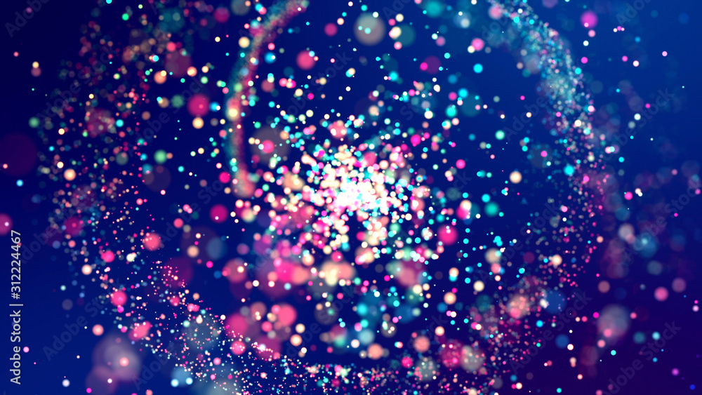 Poster cloud of multicolored particles fly in air slowly or float in liquid like sparkles on dark blue back