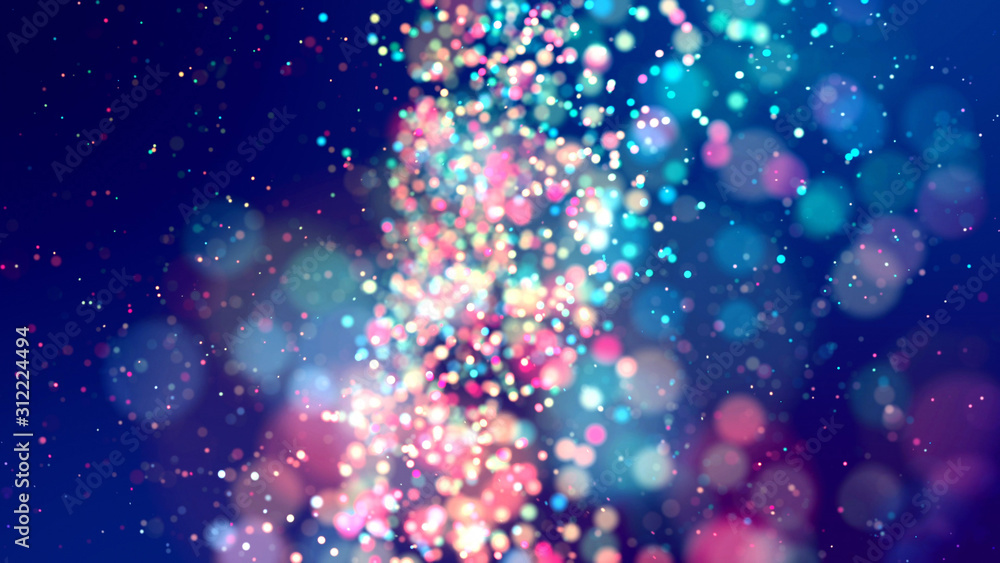 Poster cloud of multicolored particles fly in air slowly or float in liquid like sparkles on dark blue back
