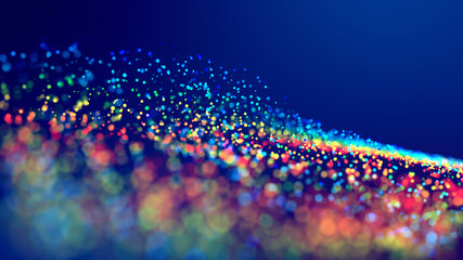 cloud of multicolored particles fly in air slowly or float in liquid like sparkles on dark blue background. Beautiful bokeh light effects with glowing particles. 44