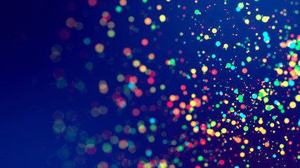 Fototapeta na wymiar cloud of multicolored particles fly in air slowly or float in liquid like sparkles on dark blue background. Beautiful bokeh light effects with glowing particles. 48