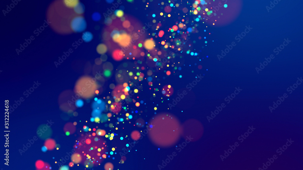 Poster cloud of multicolored particles fly in air slowly or float in liquid like sparkles on dark blue back