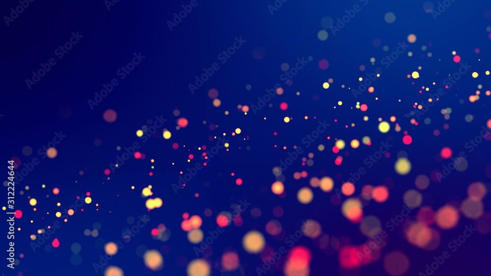 Poster cloud of multicolored particles fly in air slowly or float in liquid like sparkles on dark blue back