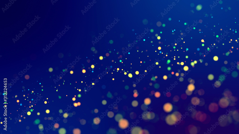 Aufkleber cloud of multicolored particles fly in air slowly or float in liquid like sparkles on dark blue back