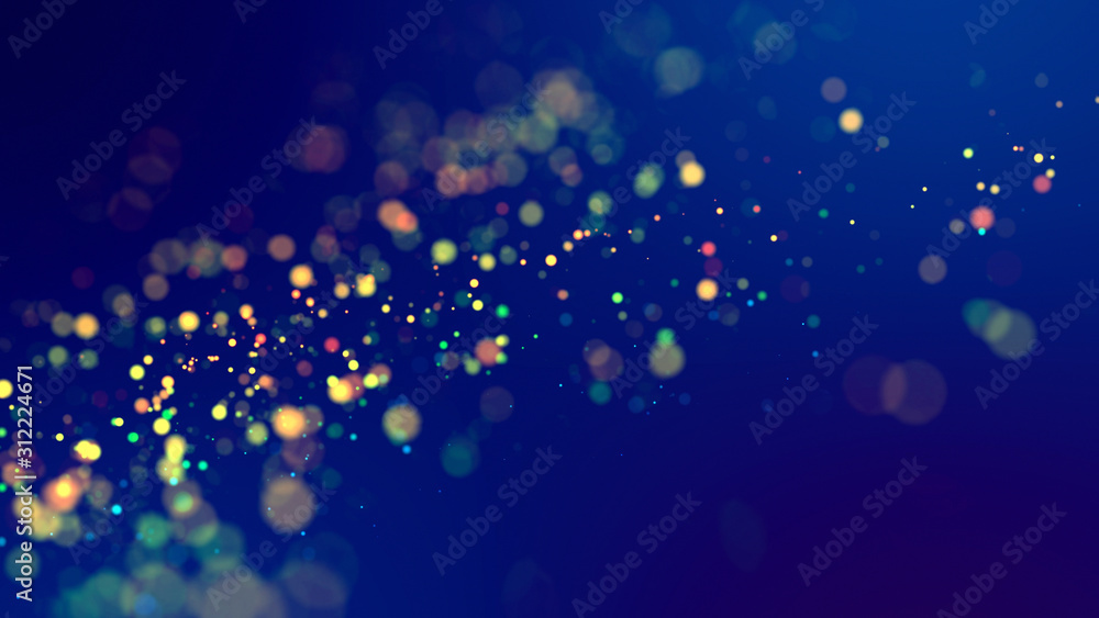 Aufkleber cloud of multicolored particles fly in air slowly or float in liquid like sparkles on dark blue back