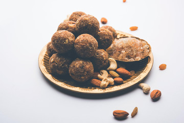 sweet Dink laddu also known as Dinkache ladoo or gond ke laddoo made using edible gum with dry fruits 