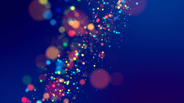 cloud of multicolored particles fly in air slowly or float in liquid like sparkles on dark blue background. Beautiful bokeh light effects with glowing particles. 74