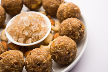 sweet Dink laddu also known as Dinkache ladoo or gond ke laddoo made using edible gum with dry fruits 
